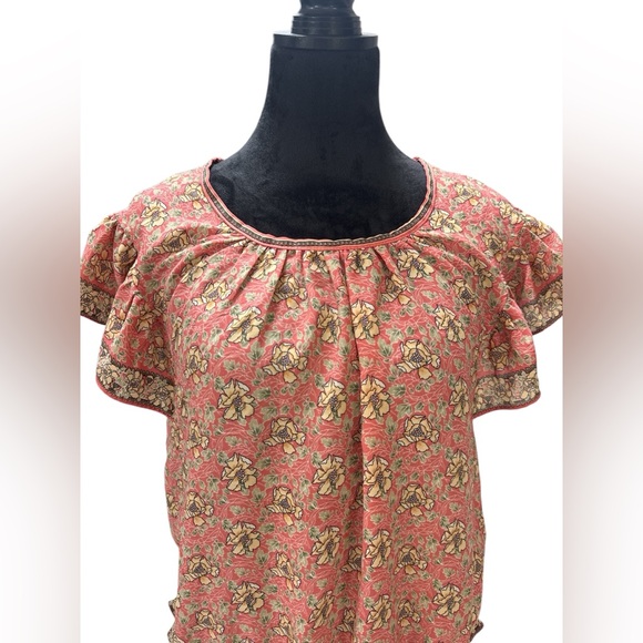 Max Studio Floral Ruffle Sleeve Blouse Pink Boho Bubble Hem Top Size Medium - Picture 2 of 8